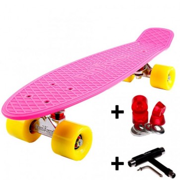 FunTomia® Mini-Board Skateboard und Tragetasche in Pink mit gelben Rollen inkl. 1x T-Tool+Lenkgummis