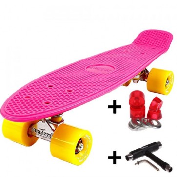 FunTomia® Mini-Board Skateboard und Tragetasche in Pink mit gelben Rollen inkl. 1x T-Tool+Lenkgummis