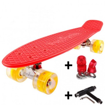 FunTomia® Mini-Board Skateboard und Tragetasche in Rot mit gelben LED-Leuchtrollen inkl. 1x T-Tool+Lenkgummis