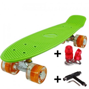 FunTomia® Mini-Board Skateboard und Tragetasche in grün mit orangen LED-Leuchtrollen inkl. 1x T-Tool+Lenkgummis