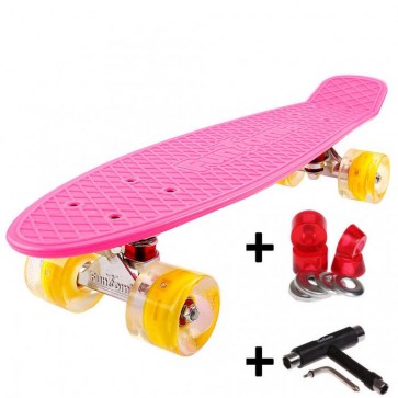 FunTomia® Mini-Board Skateboard und Tragetasche in Pink mit gelben LED-Leuchtrollen inkl. 1x T-Tool+Lenkgummis