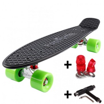 FunTomia® Mini-Board Skateboard und Tragetasche in Schwarz mit grünen Rollen inkl. 1x T-Tool +Lenkgummis
