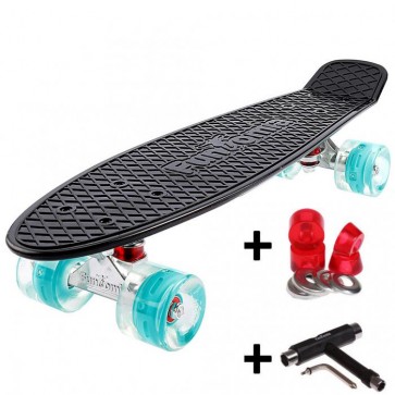 FunTomia® Mini-Board Skateboard und Tragetasche in Schwarz mit petrol LED-Leuchtrollen inkl. 1x T-Tool +Lenkgummis