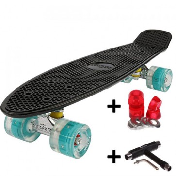 FunTomia® Mini-Board Skateboard und Tragetasche in Schwarz mit petrol LED-Leuchtrollen inkl. 1x T-Tool +Lenkgummis