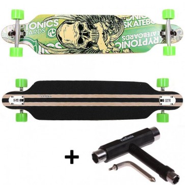  FunTomia® Freerider Longboard 9 Lagen Ahornholz in Farbe Grün Totenkopf + T-Tool