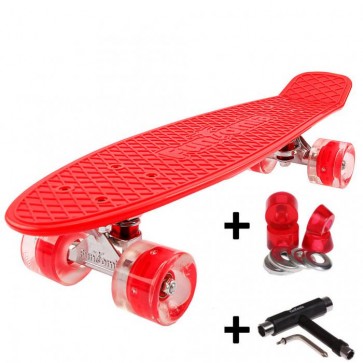 FunTomia® Mini-Board Skateboard und Tragetasche in rot mit roten LED-Leuchtrollen inkl. 1x T-Tool+Lenkgummis