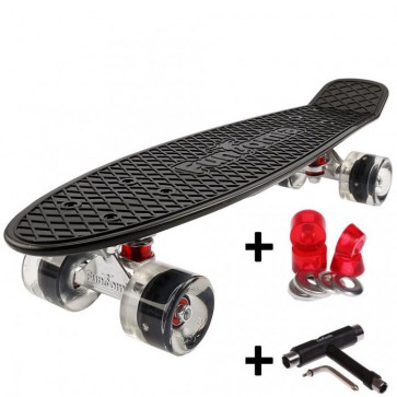 FunTomia® Mini-Board Skateboard und Tragetasche in Schwarz mit schwarzen LED Rollen inkl. 1x T-Tool+Lenkgummis