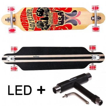  FunTomia® Freerider Longboard 9 Lagen Ahornholz in Farbe Route66 mit roten LED Rollen + T-Tool