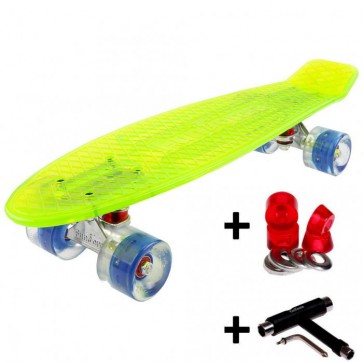FunTomia® Mini-Board Skateboard und Tragetasche in transparent grün mit blauen LED-Leuchtrollen inkl. 1x T-Tool +Lenkgummis
