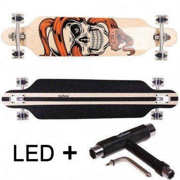  FunTomia® Freerider Longboard 9 Lagen Ahornholz in Farbe Schlange/Toterkopf mit schwarzen LED Rollen + T-Tool