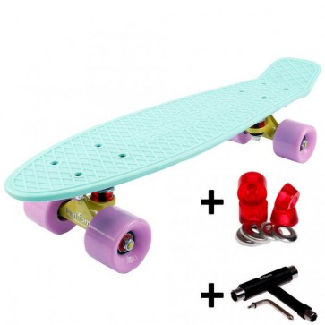 FunTomia® Mini-Board Skateboard und Tragetasche in Pastell-mint mit flieder Rollen + T-Tool + Lenkgummis