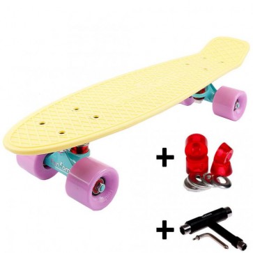 FunTomia® Mini-Board Skateboard und Tragetasche in Pastell-gelb mit flieder Rollen + T-Tool + Lenkgummis