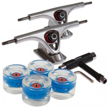 2 Stück FunTomia® Longboard Achse und 4x FunTomia® LED Longboard Rollen 80A in blau +  T-Tool 