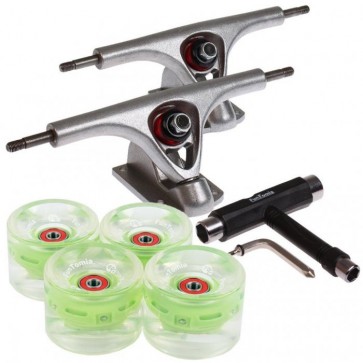 2 Stück FunTomia® Longboard Achse und 4x FunTomia® LED Longboard Rollen 80A in grün +  T-Tool 