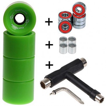 4x FunTomia® Longboard/Skateboard Rollen 86A inkl. Mach1® Kugellager und Spacer in Grün und T-Tool Schraubenschlüssel (Werkzeug) 