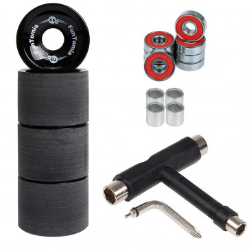 4x FunTomia Longboard Rollen 70x51mm 86A inkl. Mach1 Kugellager und Spacer in Schwarz und T-Tool Schraubenschlüssel (Werkzeug)