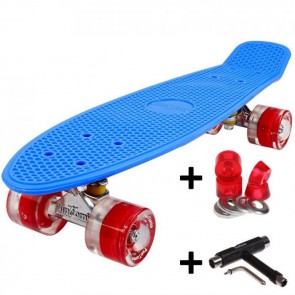 FunTomia® Mini-Board Skateboard und Tragetasche in Blau mit roten LED-Leuchtrollen inkl. 1x T-Tool+Lenkgummis
