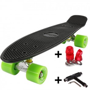 FunTomia® Mini-Board Skateboard und Tragetasche in Schwarz mit grünen Rollen inkl. 1x T-Tool +Lenkgummis