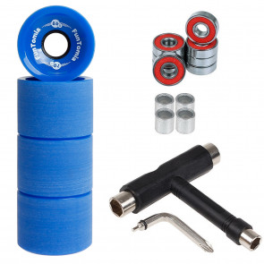 4x FunTomia® Longboard/Skateboard Rollen 86A inkl. Mach1® Kugellager und Spacer in blau und T-Tool Schraubenschlüssel (Werkzeug)