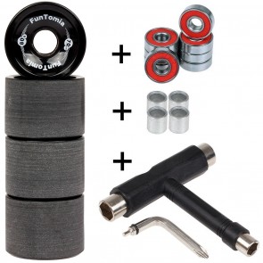 4x FunTomia Longboard Rollen 70x51mm 80A inkl. Mach1 Kugellager und Spacer in Schwarz und T-Tool Schraubenschlüssel (Werkzeug)